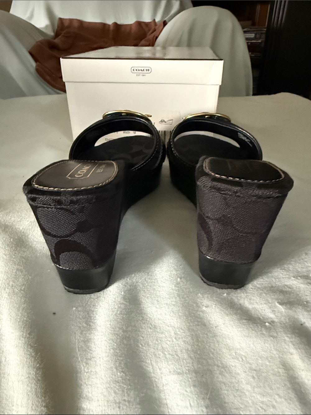 COACH Black Wedge Slide Sandals with Gold Buckle Accent - Picture 3 of 6